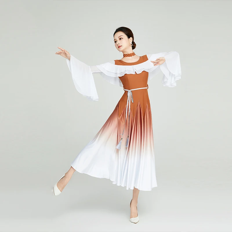 

Waltz Modern Dance Dress Trumpet Sleeve Crewneck Gradient dress GB Ballroom Dance Foxtrot Tango Dress