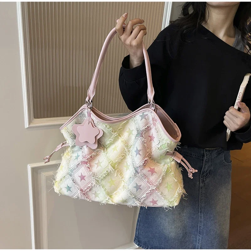 Denim Canvas Grid Umhängetasche, Damen-Umhängetasche mit großem Fassungsvermögen, lässiger, niedlicher Wald-Stil, Reisetasche, Handtasche für den täglichen Pendelverkehr, Blau – Detail 14