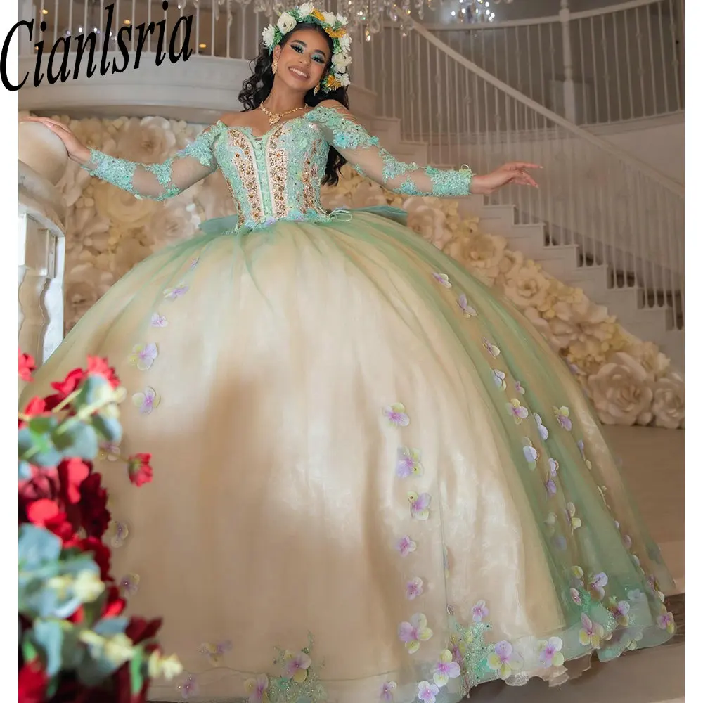 

Платье принцессы с длинными рукавами и 3D цветами в мексиканском стиле Quinceanera, бальное платье с бисером и кристаллами, аппликации, кружевной корсет, Vestidos De XV Anos