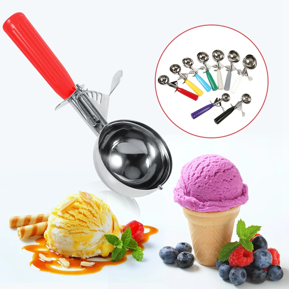 Práctica cuchara para helado de frutas de acero inoxidable con mango de plástico, herramienta de cocina, cuchara para helado de acero inoxidable caliente