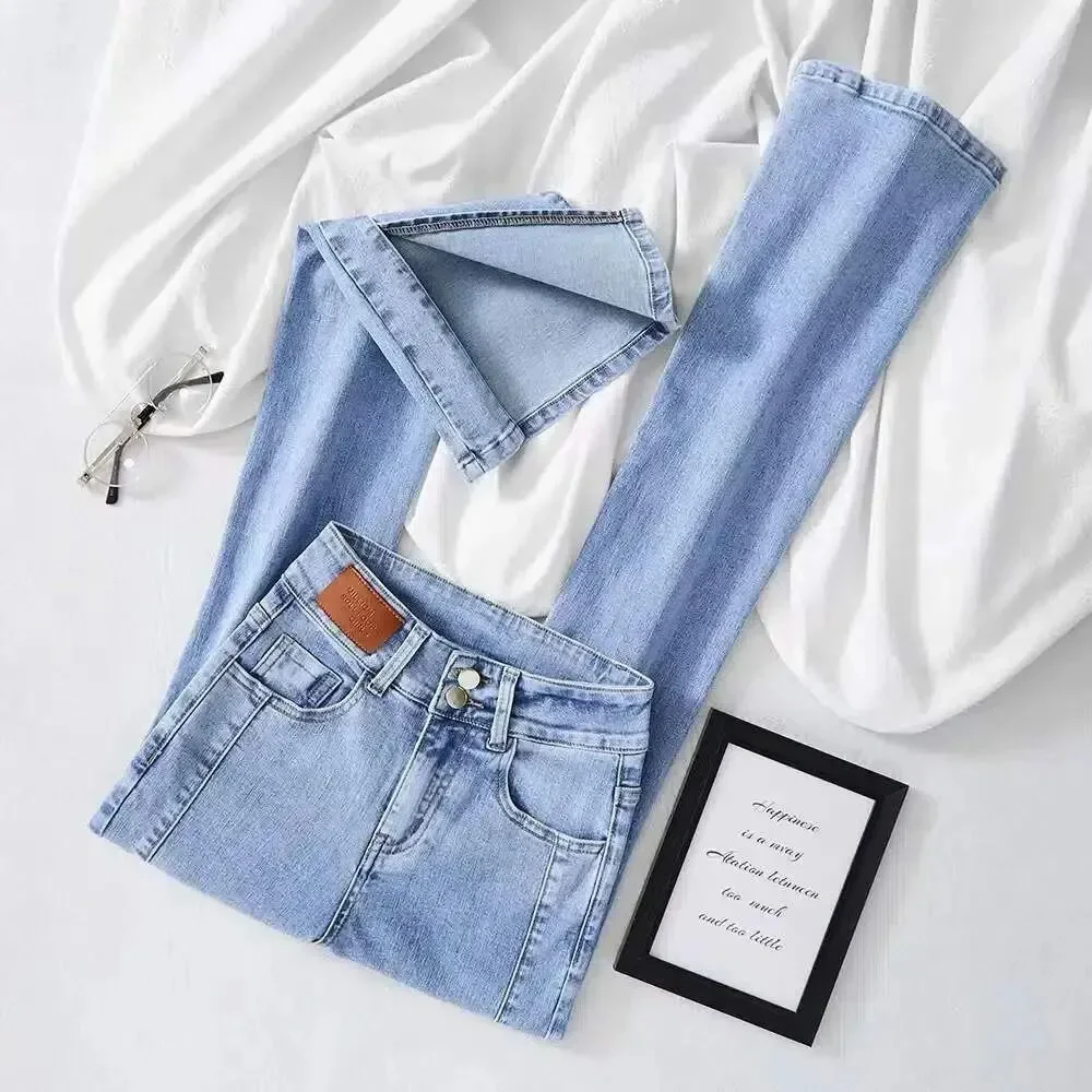 Korean Vintage Split Skinny Flare Jeans Women High Waist Stretch Casual Boot Cut Denim Pants Solid Streetwear Slim Vaqueros New