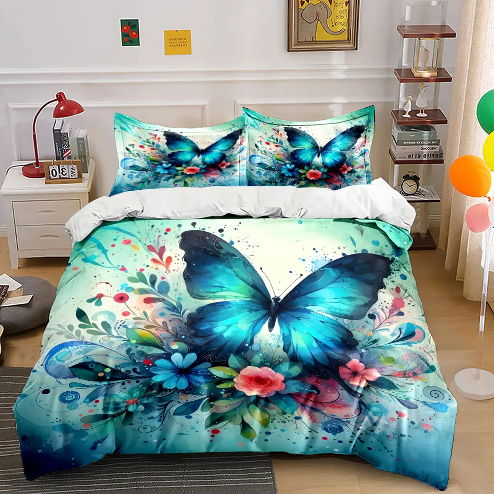

Vibrant Blue Butterfly with Floral Art Bedding Set for Kids Luxury Gift 3pcs Digital Print Comforter Set Soft Comfortable