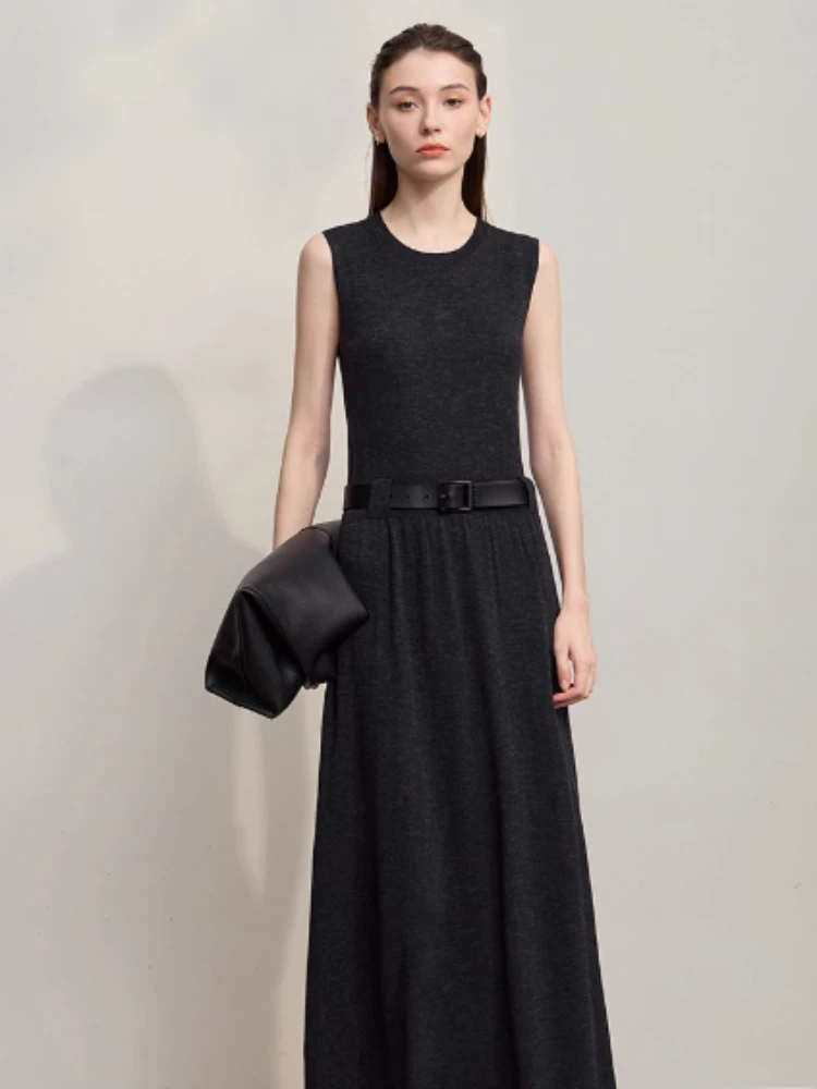 

AMII женское платье, осень 2023, новая минималистичная однотонная женская одежда, пуловер без рукавов с круглым вырезом, женское платье 12543209