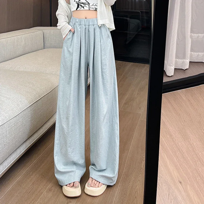 Pantalones de pierna ancha rectos suaves de Color liso para Mujer, pantalones holgados coreanos elegantes con cintura elástica, pantalones largos holgados que combinan con todo para Mujer