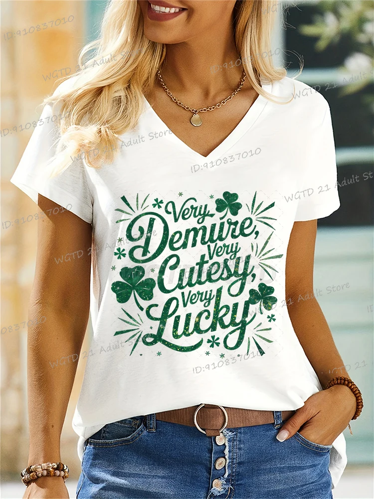 Very Cutesy Verylucky Letter Print T Shirt Women Funny St Patrick's Day Party Tees Short Sleeve Fashion Green Clover V Neck Tops