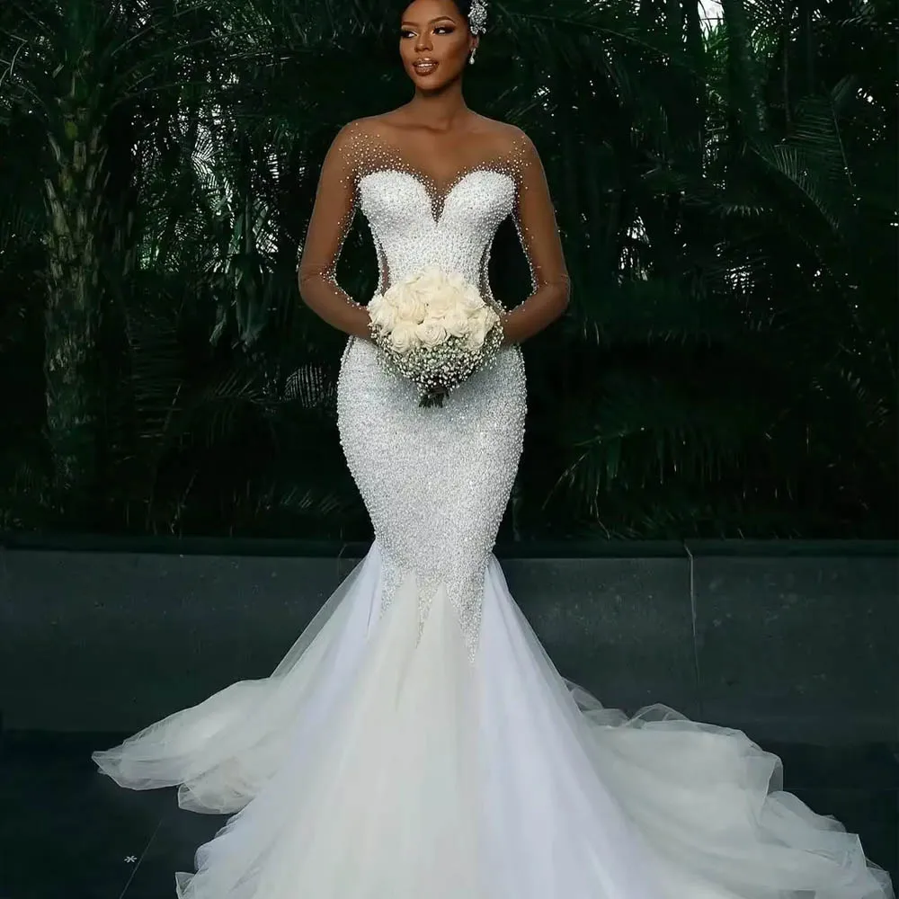 Vestido de novia personalizado de sirena con cuentas exquisitas de Bella para mujer, vestidos de novia de manga larga de malla transparente, vestido de novia africano