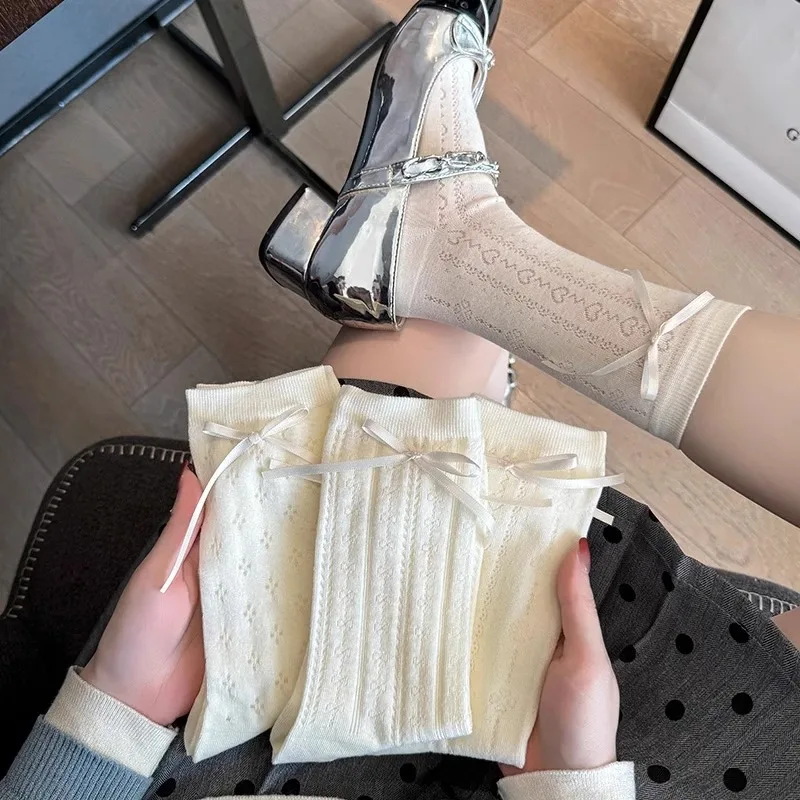 

Bow Tube Socks Women's Spring and Autumn Thin Milk White Love Socks Ins Style Simple and Versatile with Jk Stacking Socks