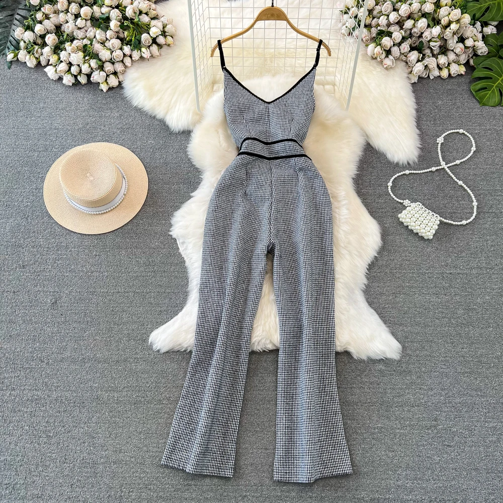 Foamlina Korean Fashion Women Houndstooth Pattern Woolen Jumpsuits Sexy Spaghetti Strap Sleeveless Slim Fit Straight Leg Rompers