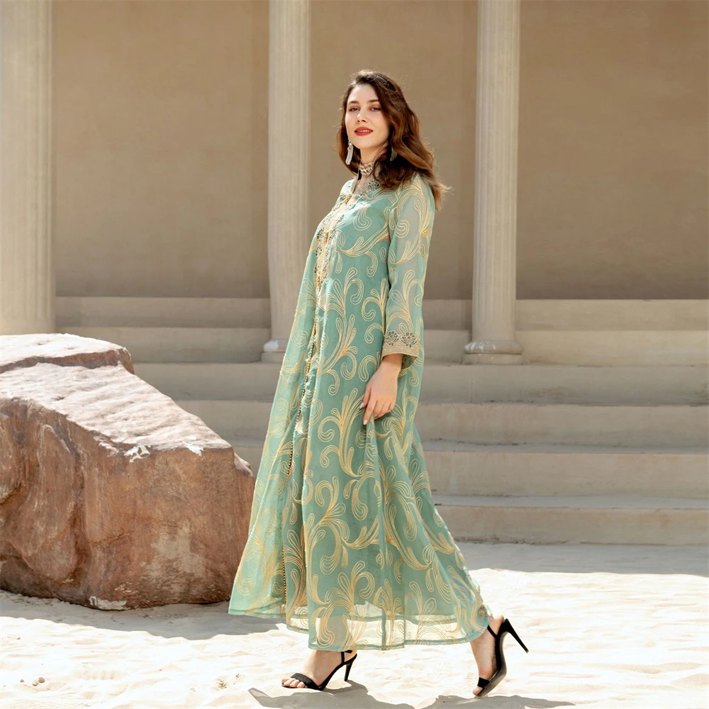 Floral Embroidery Abaya Dress for Women Elegant Middle East Arab Oman Dubai Morocco Jalabiya Caftan Evening Party Clothes