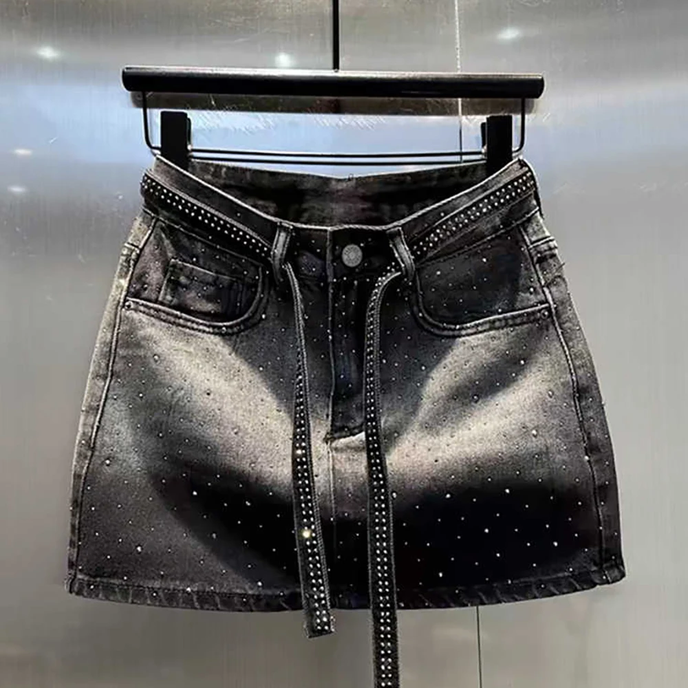 Oversize Retro Diamond Denim Mini Skirt for Women Summer High Waist Shiny Rivet Slim Skirts Gradient Black Grey Jean Skirts