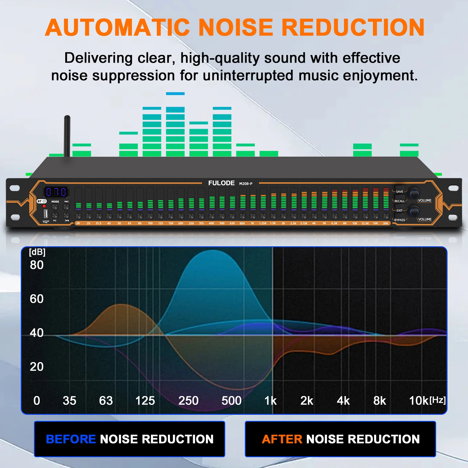 Fuluode M208-P 31-band digital equalizer with anti-feedback compressor designed for home karaoke live streaming offering