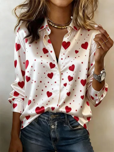 

Элегантная женская блузка во французском стиле с принтом в виде сердец, 2026, шикарная атласная рубашка с длинным рукавом, на пуговицах, из высококачественного драпированного ацетата