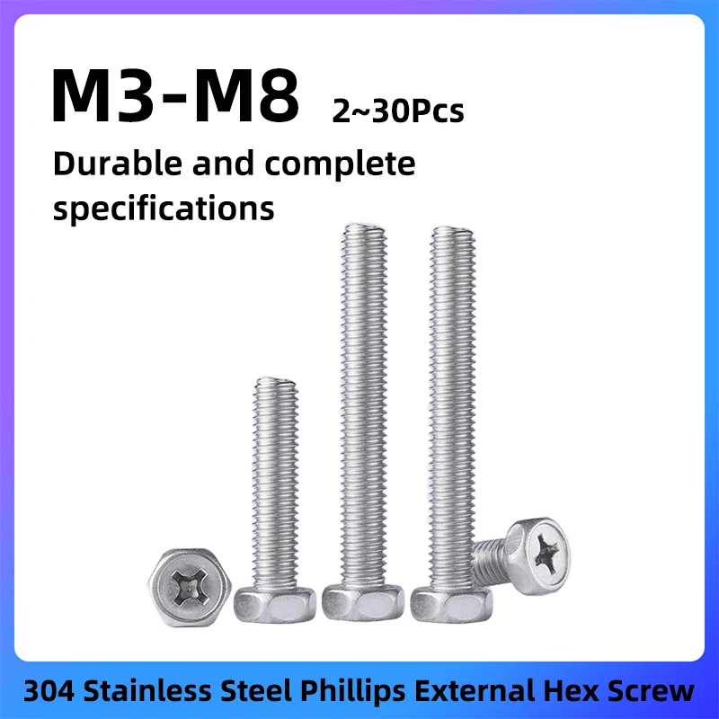 

GooBetter 2~30Pcs Phillips External Hex Screws M3 M4 M5 M6 M8 304 Stainless Steel Deck Building or Joining Lumber Machine Screws