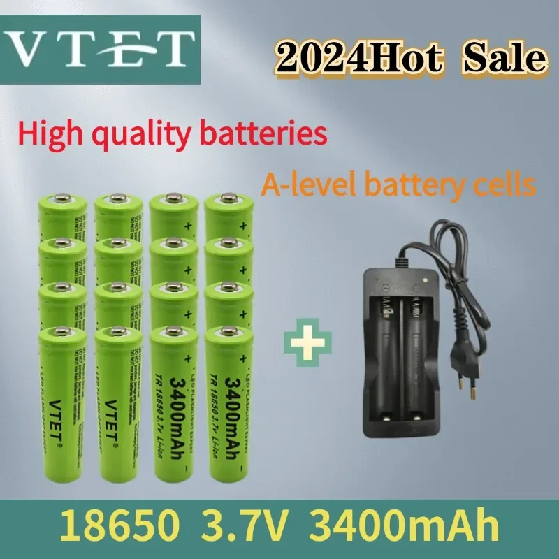 VTET-Batterie aste 2024 V 3.7 mAh, capacité 3400, pour lampe torche + chargeur, nouvelle collection 18650