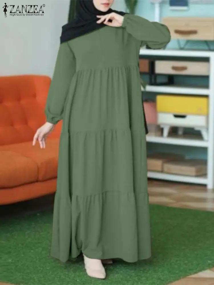 ZANZEA Muslim Hijab Tiered Long Dresses Women Casual Loose Long Puff Sleeve Abaya Robes 2024 Autumn Islamic O Neck Vestidos