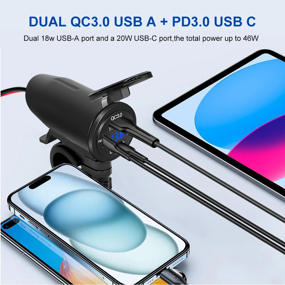 Picture 7: 3-Ports 12V Motorcycle QC 3.0 USB Fast Charger Waterproof with Type C Port New PD Outlet Handlebar Mounting Cellphone Chargers