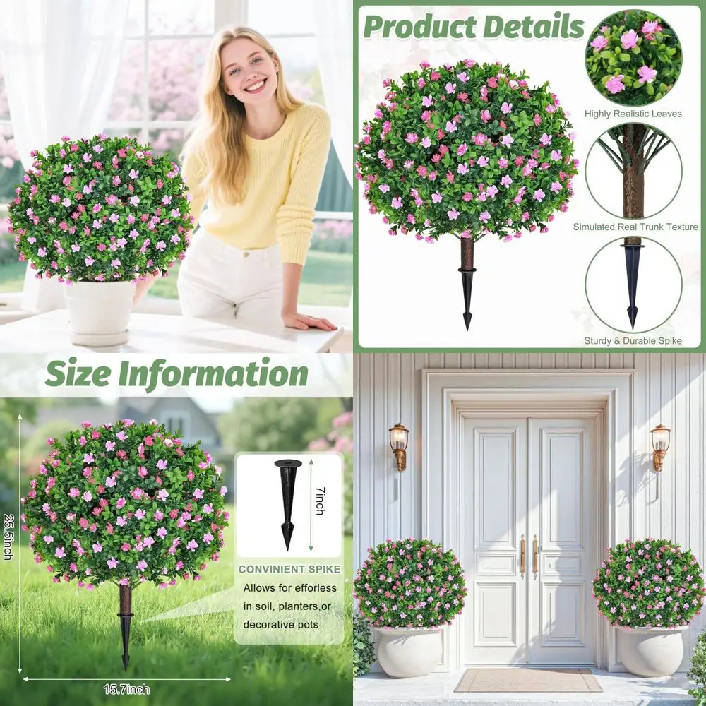 

UV-Resistant Artificial Topiary Balls with Pink Flowers, Set of 2, 25.5 Inches, Outdoor/Indoor Evergreen Shrub Bushes for Plante