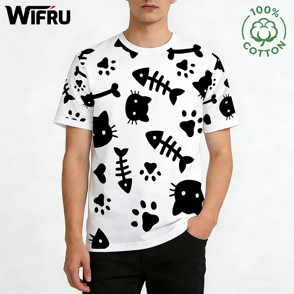 

Cute Cartoon Cat Graphic Cotton T-shirts Men Women Skin-friendly Pure Cotton Short Sleeve Tops Daily Home Casual Harajuku Tee