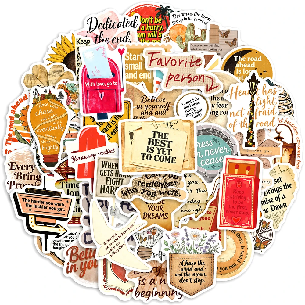 

10/30/50pcs Vintage Art Inspirational Phrases Stickers Retro Aesthetic Cartoon Decals Scrapbook Phone Suitcase Graffiti Sticker