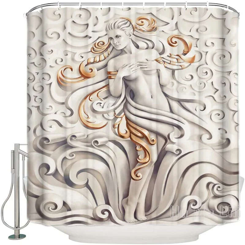 Polyester Shower Curtain Grey Sexy Goddess With Gold Hair Relief Set With Hook Art Woman Beauty Extra Long