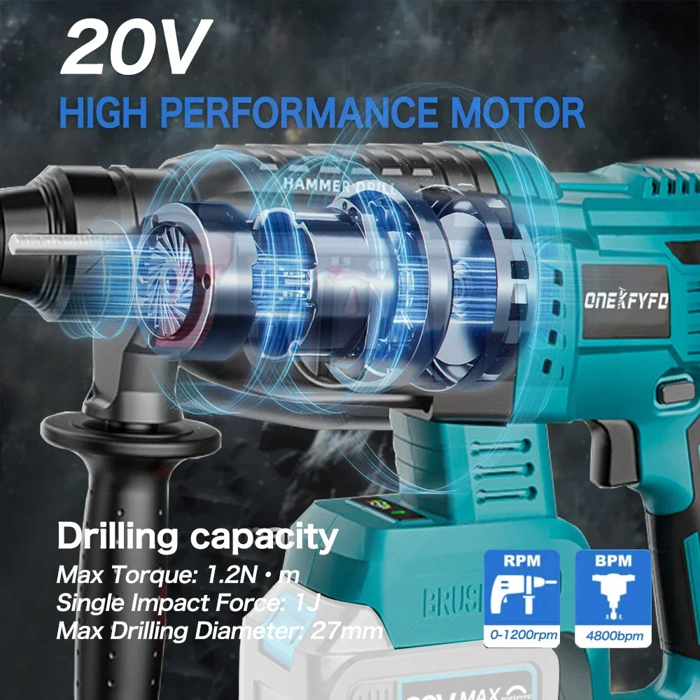 Cordless Electric Drill Rotary Hammer Drill Demolition Rechargeable Hammer Power Tool for Makita 18V Battery (No Battery)