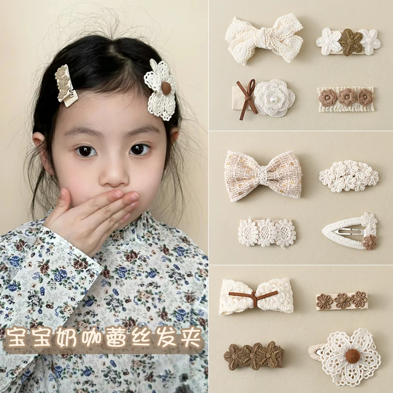 

Korean Version Milk Coffee Fabric Lace Hair Clip Hair Clips Bow Hair Accessories Cute and Versatile Fashionable Flower Headpiece