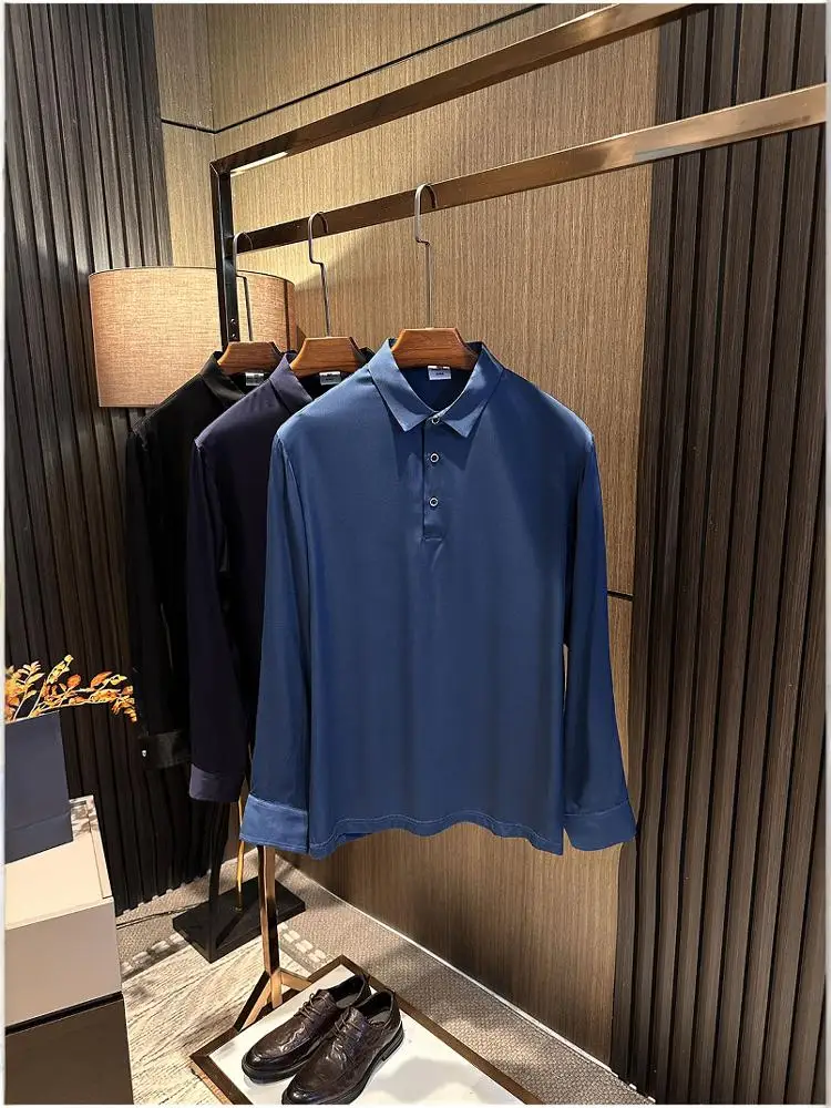 

Мужская повседневная шелковая рубашка с длинным рукавом и воротником, однотонная, высококачественная, осенняя, приталенная, с пуговицами, дышащая