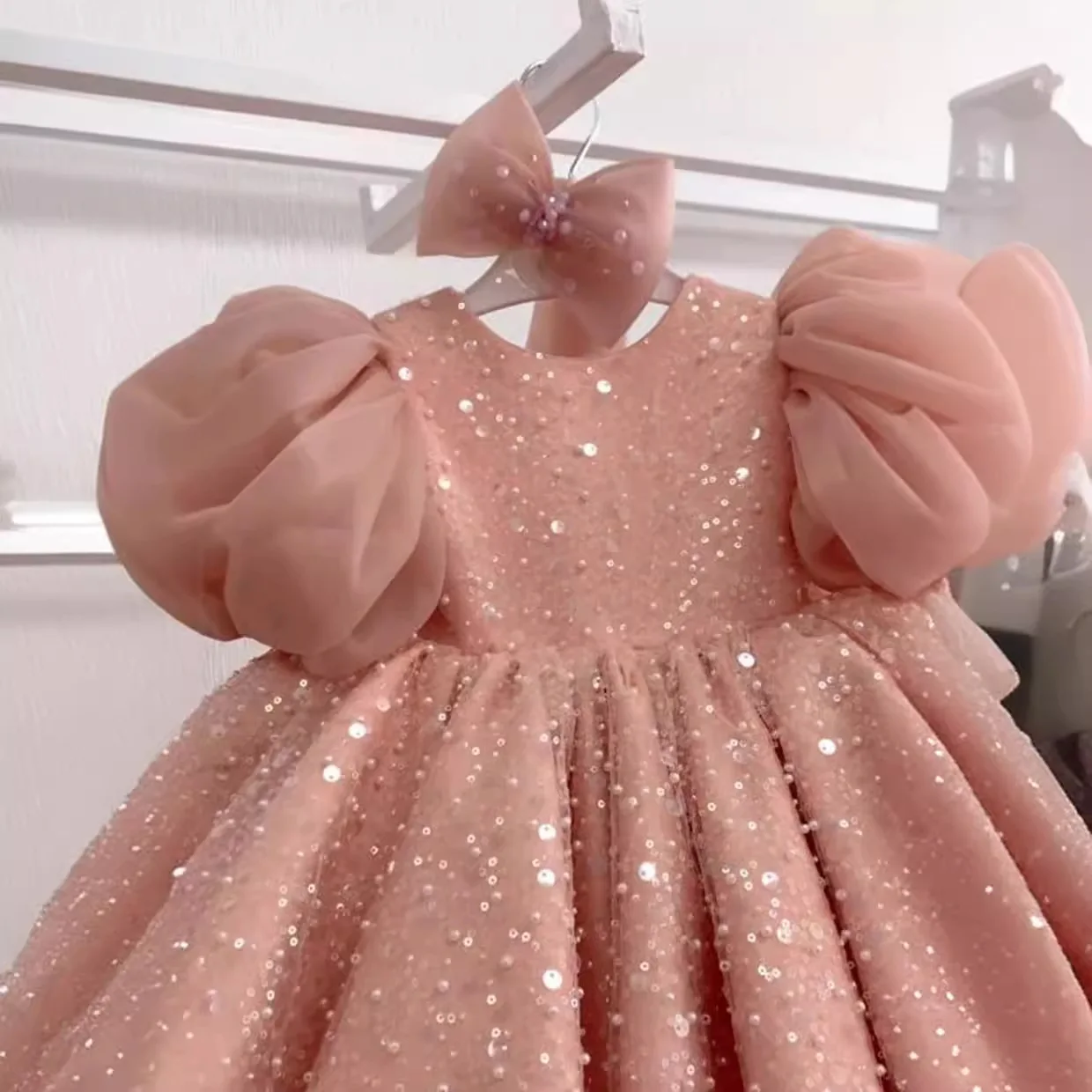 Girls' Princess Pearl Palace Dress, Crianças Bow Wedding Gown, Baby Birthday Party, Crianças, Vestidos lindos