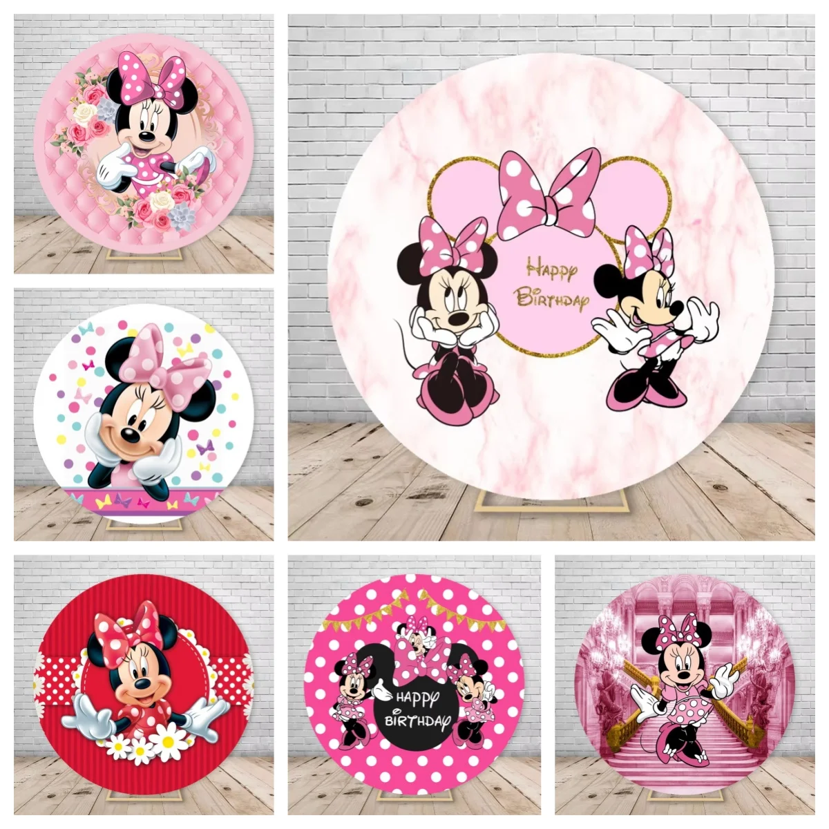 

Cute Pink Red Minnie Mouse Elasticity Round Backdrop Cover For Girls Newborn Baby Shower 1st Birthday Party Circle Backgrounds