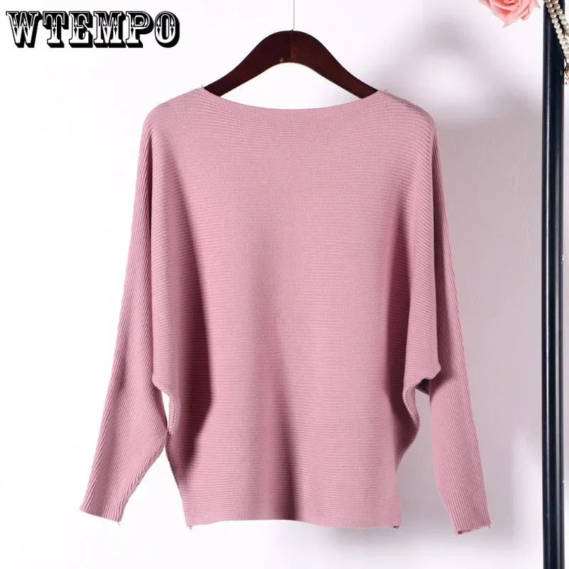 Purple Bat Sleeves Pullover Slash Neck Sweater Knitted Coat Women\'s Loose Short Top Knitwear Jumper Commuting Spring Autumn