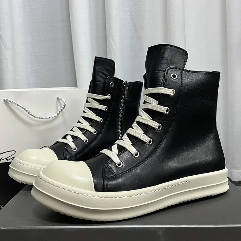 Rick Brand Men Ankle Boot High Top  Sneaker Casual Quality Black Leather Designer Zip Ow-en Street Luxury Flat Platform Shoe