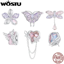 WOSTU 925 Sterling Silver Rainbow Crystal Butterfly Dragonfly Charms Cherry Blossom Flower Heart Beads Fit DIY Bracelet Necklace