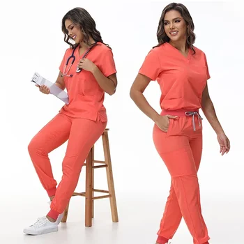 Nuevo conjunto de uniformes médicos, Tops elásticos con pantalones de bolsillo, uniforme de enfermera, monos de cirugía para médico, ropa de trabajo para salón de belleza