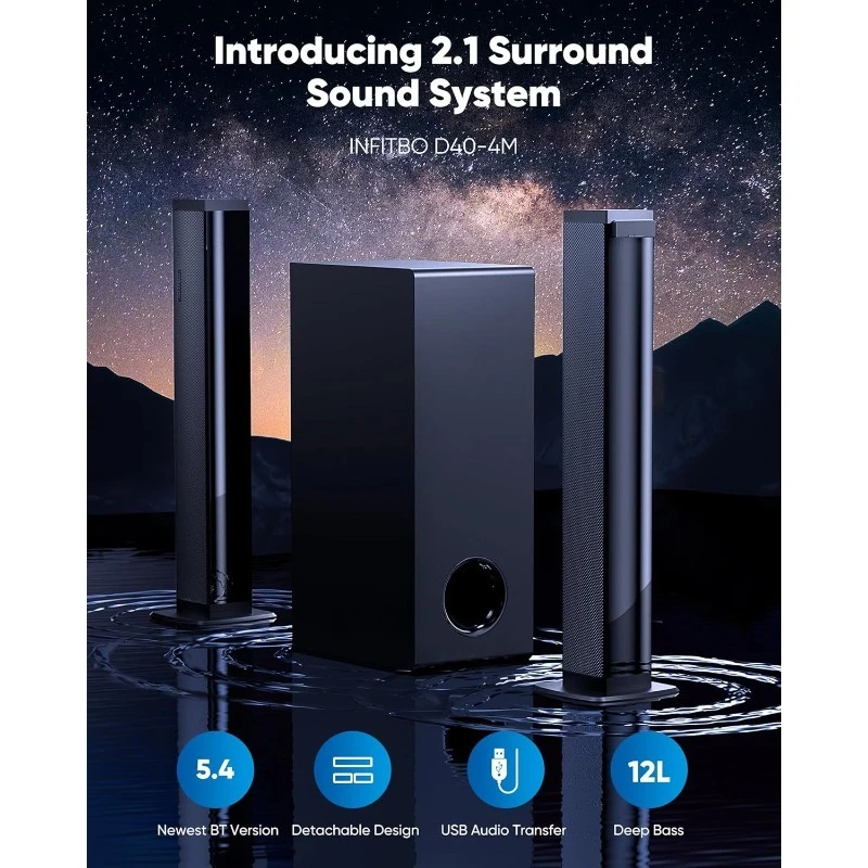 

Саундбар для Smart TV 2.1CH 190W Пиковая звуковая панель со съемным сабвуфером 2-в-1 BT 5.4 Surround Sound