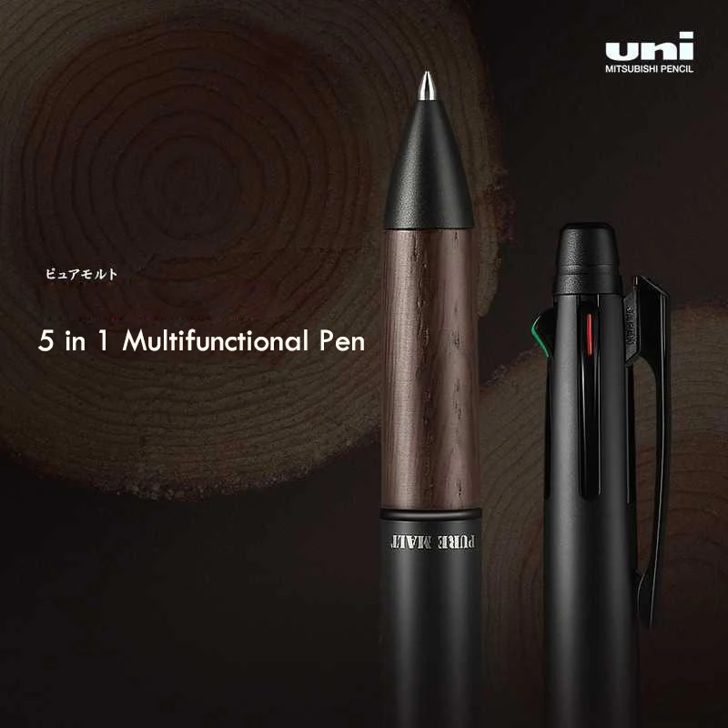 Uni Multi-Color Ballpoint Pen Five in one Multifunctional Natural Oak Pen Holder  Pen 0.5mm Automatic Pencil Stationery Supplies