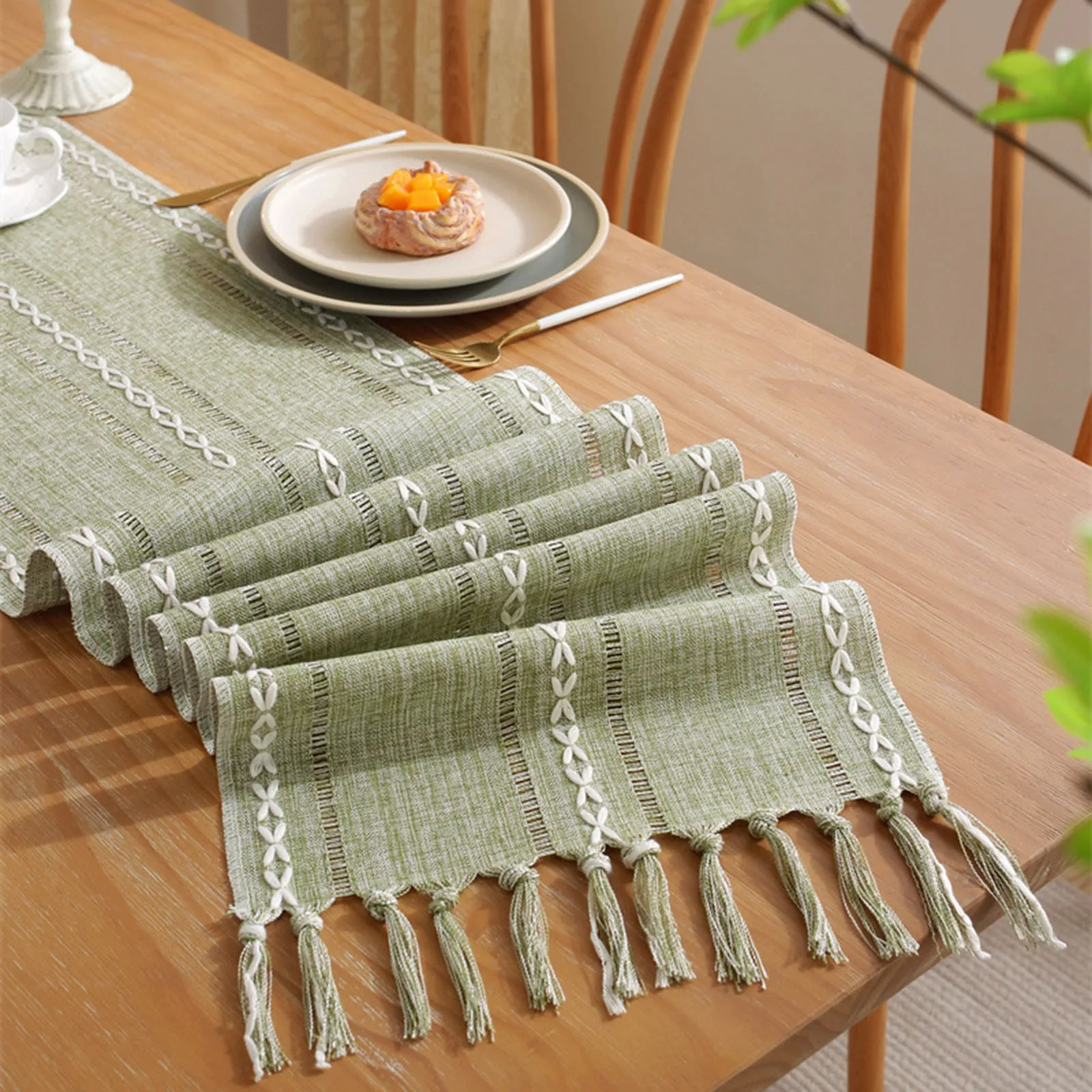 

Green Farmhouse Table Runners Handmade Tassel Linen Rustic Table Runner 72 Inches Long Farmhouse Style Mint Tablecloth Spandex