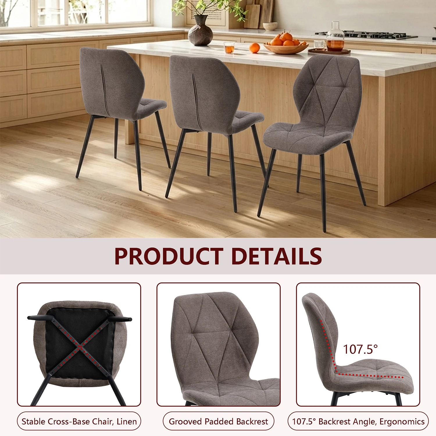 GrandCA HOME Set mit 2/4/6 modernen Esszimmerstühlen, gepolstert, mit Leinenstoff bezogen, minimalistische Bürostühle für Küche und Esszimmer – Detail 11