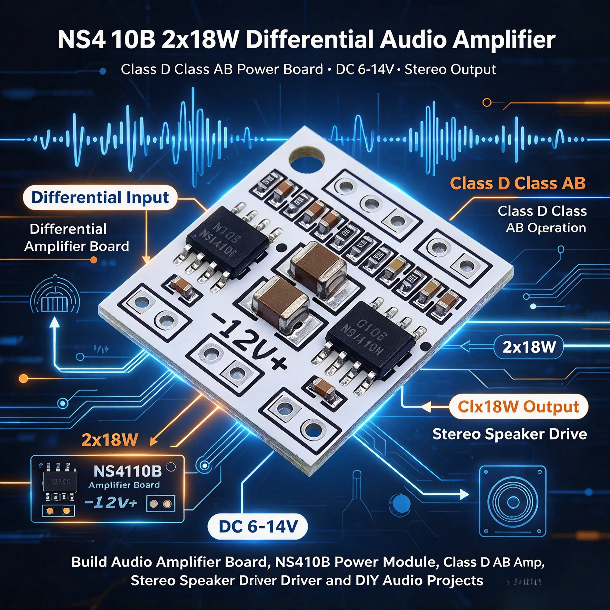 50Pcs NS4110B Differential Amplifier Board 2x18W Class D Class AB Audio Power Amplifier DC 6-14V