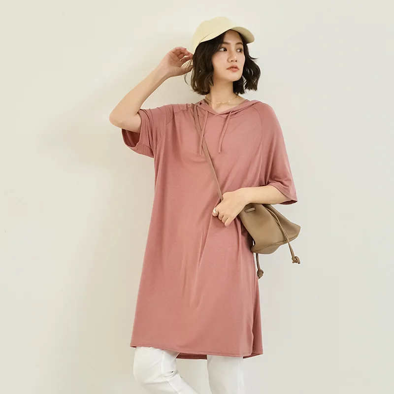 Lente Zomer Hooded Jurk Half Mouwen Modal Casual Loose Lange Jurk Effen Kleuren Vrouwelijke Kleding Streetwear