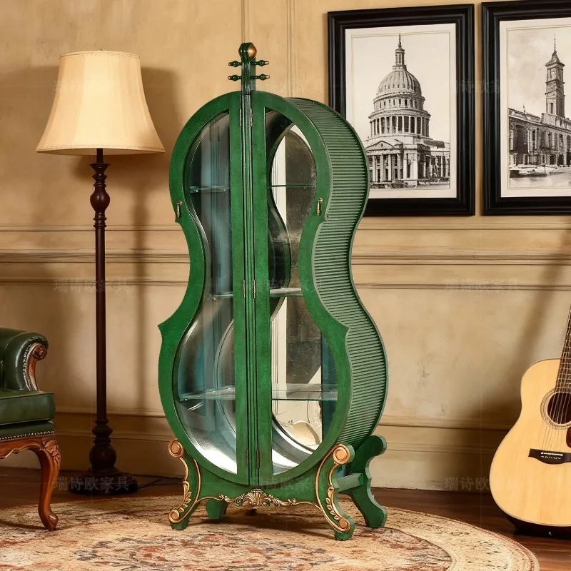 

American retro cello shape wine cabinet green glass door display cabinet living room entrance