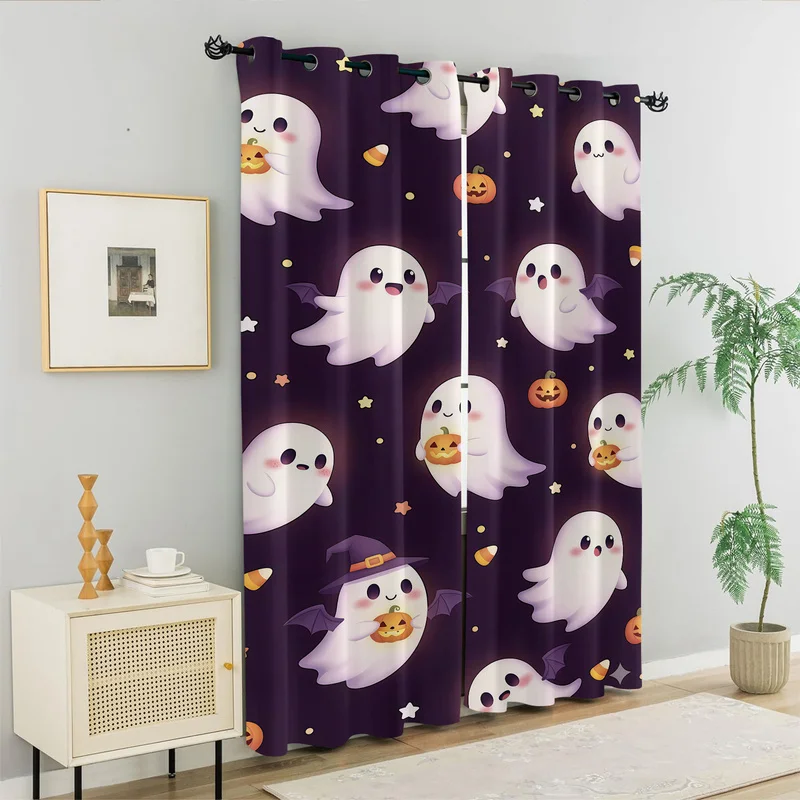Kawaii Halloween Curtain Cartoon Ghost Pumpkin Lantern Candy Bat Print Window Drapes Cute Bedroom Living Room Decor Holiday Gift