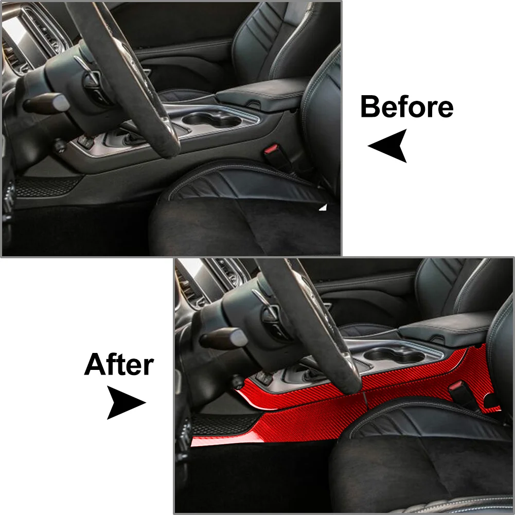 Left Interior Accessories Gear Shift Side Panel Cover 3 Pcs For Dodge Challenger 2015-24 Carbon Epoxy Coating Soft Red