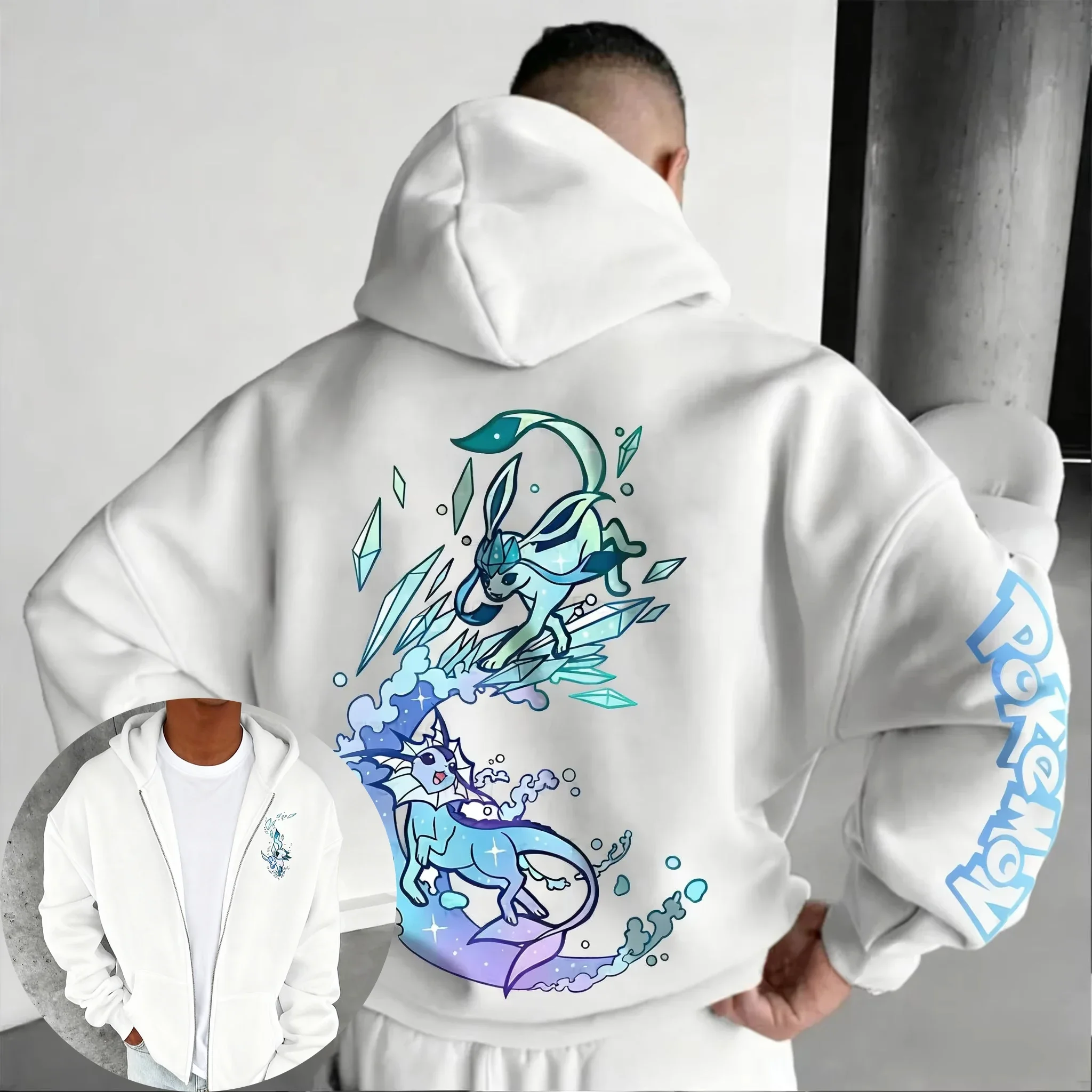 Pokémon Anime Zipper Hoodie 2025 Summer Men's New Style Glaceon Printed Harajuku Casual Loose Versatile Plus Size Sweater Top