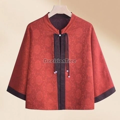 بلوزة نسائية تقليدية على الطراز الصيني الجديد لعام 2025 على الوجهين من قماش الجاكار فضفاضة بنمط نصف كم معطف نسائي يومي عتيق t001