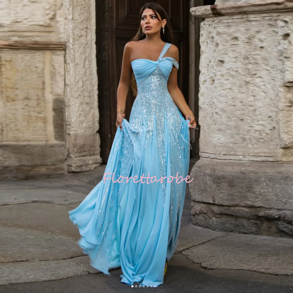 Blue Prom Dress With Sequins A Line Party Dress With Tassels Elegant Evening Dresses for Arabic Women Vestidos Customized