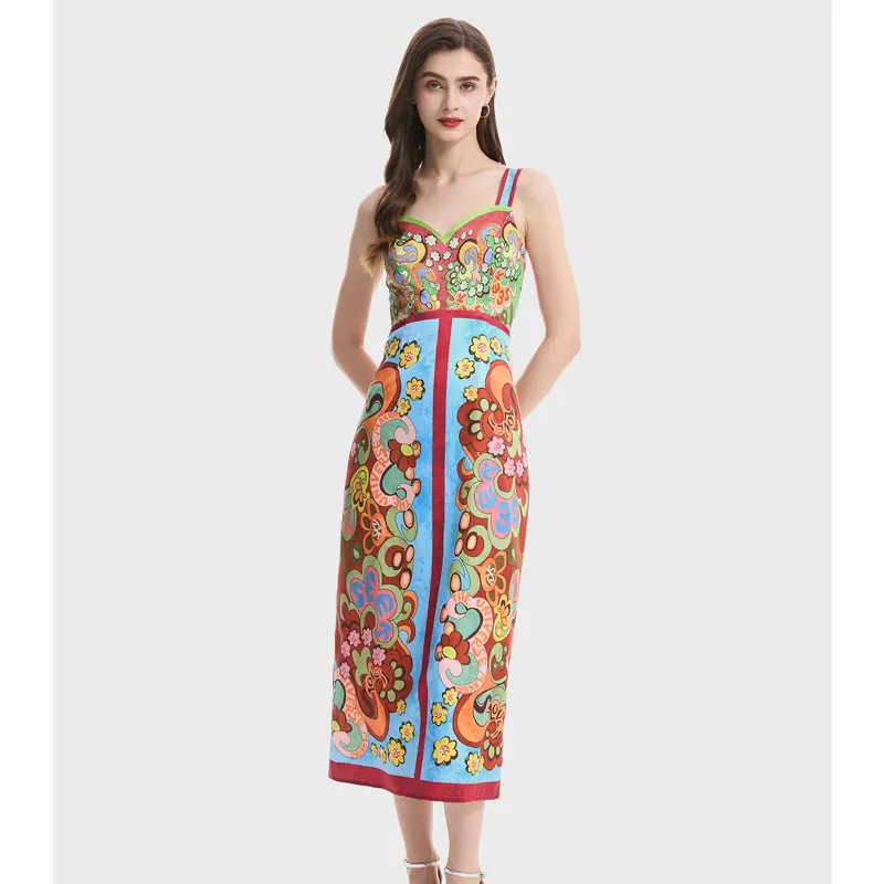 

Summer Holiday Paisley Long Dress Women's V-Neck Spaghetti Strap Luxury Printed A Line Bodycon Sexy Backless Party Prom Vestidos