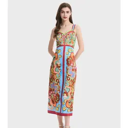 Summer Holiday Paisley Long Dress Women's V-Neck Spaghetti Strap Luxury Printed A Line Bodycon Sexy Backless Party Prom Vestidos