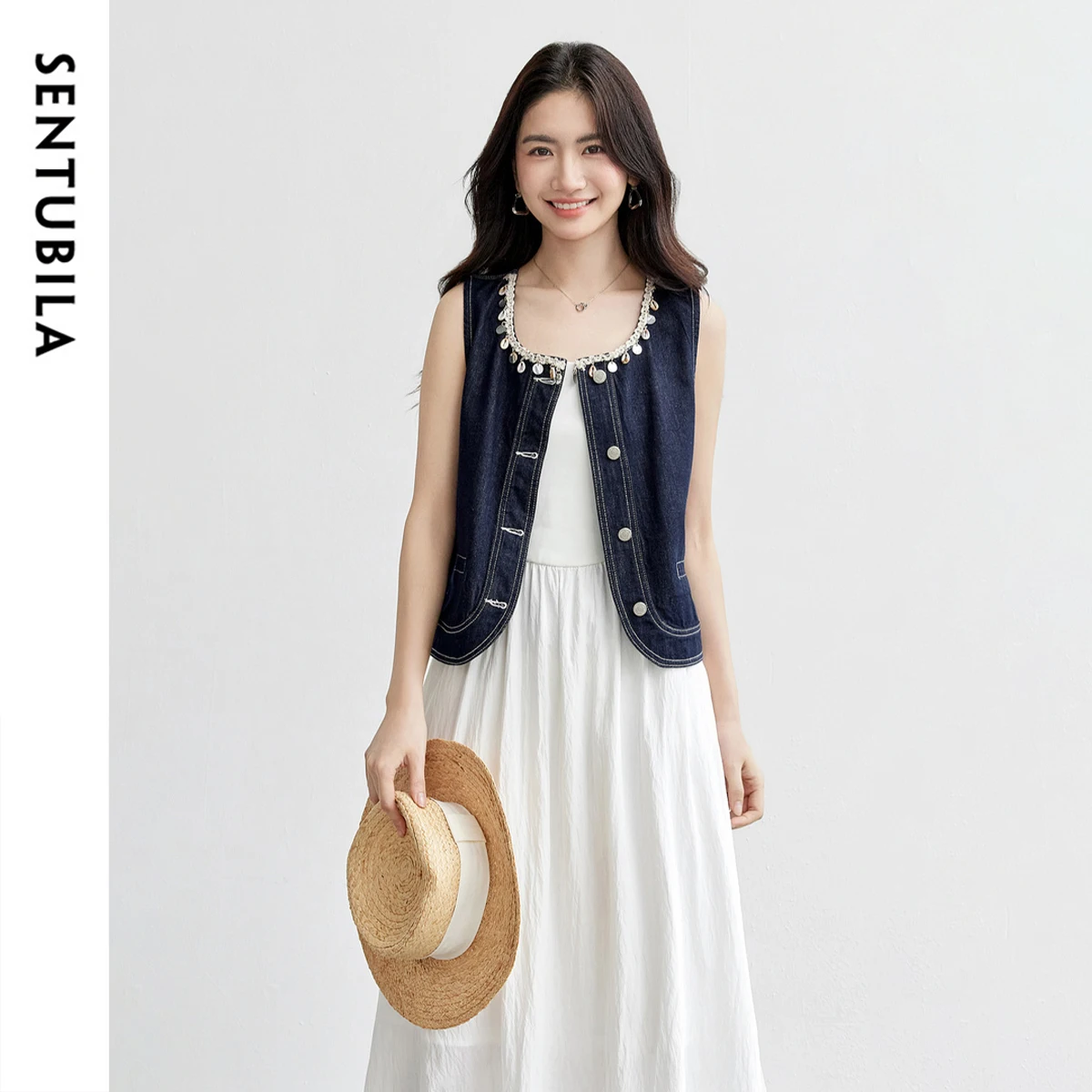 

SENTUBILA женский синий джинсовый жилет, лето 2022, богемный кружевной джинсовый жилет без рукавов с U-образным воротником, модная женская одежда W52JC2025