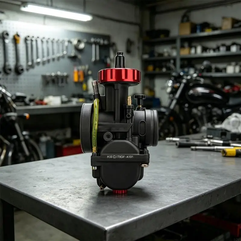 Dirt Bike Engine Carburetor for Repair and Tuning Builds, Black Carburetor Body with Red Adjustment Detail Design D7YA