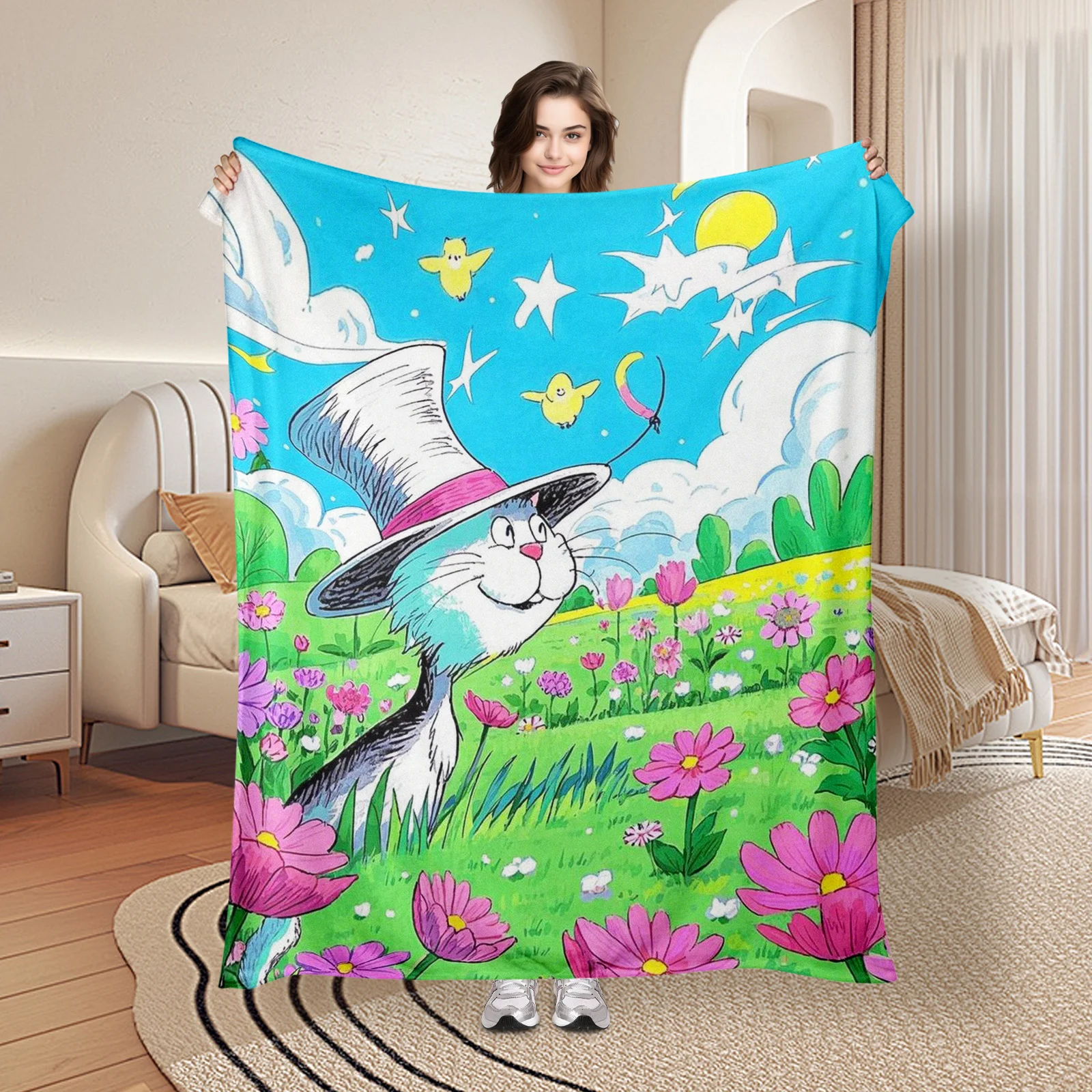 

Charming Cat With Hat In Flower Field Under Blue Sky White Clouds And Sun Cozy Blanket For Decor